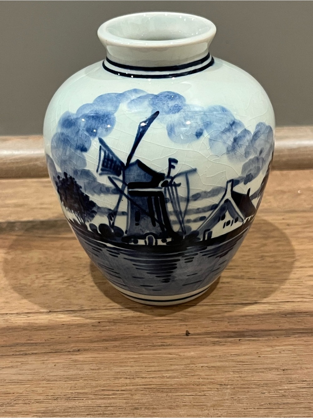 Blue and White Delft  Ceramic Vase with Windmill Motif
